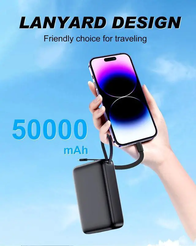 Alt view image 5 of 5 - Portable Charger 50000mAh PD22.5W Fast Charge Power Bank Built-in 2 Cables | Portable Phone Charger for iPhone/Android/ Galaxy Travel Essential (Black)