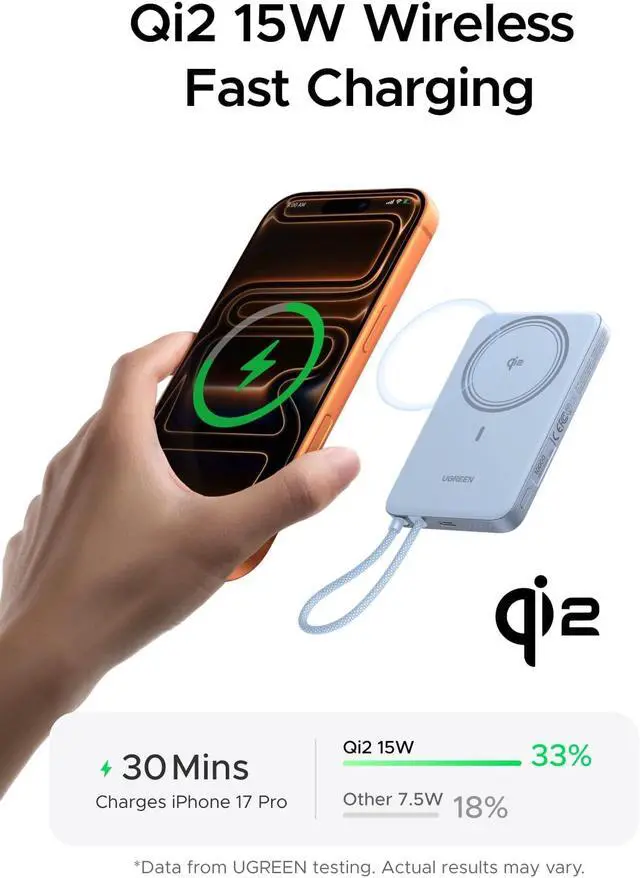 Alt view image 3 of 7 - Magflow Air 10000mAh Qi2 15W Wireless Power Bank Built-in Cable | 30W PD wired & Qi2 15W wireless. MagSafe compatible. Built-in USB-C cable for iPhone