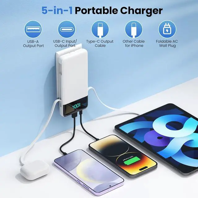Alt view image 2 of 7 - Portable Charger for iPhone 13800mAh Slim Power Bank with Built-in Cables & AC Wall Plug All in One 4 Outputs USB C Fast Charging Battery Pack Travel Essential for iPhone 17/16/15/14 Android (White)