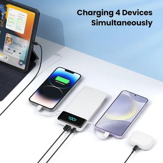 Alt view image 3 of 7 - Portable Charger for iPhone 13800mAh Slim Power Bank with Built-in Cables & AC Wall Plug All in One 4 Outputs USB C Fast Charging Battery Pack Travel Essential for iPhone 17/16/15/14 Android (White)