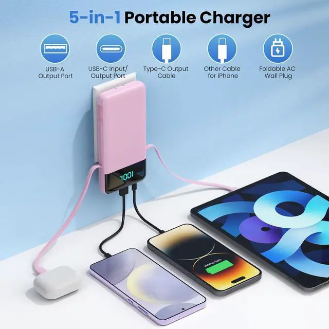 Alt view image 2 of 7 - Portable Charger for iPhone with Built in Cables and Wall Plug Upgraded 13800mAh Fast Charging USB C Power Bank 4 Outputs Travel Essential Battery Pack Compatible with iPhone 17/16/15/14 Galaxy-Pink