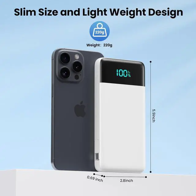 Alt view image 5 of 7 - Portable Charger for iPhone 13800mAh Slim Power Bank with Built-in Cables & AC Wall Plug All in One 4 Outputs USB C Fast Charging Battery Pack Travel Essential for iPhone 17/16/15/14 Android (White)