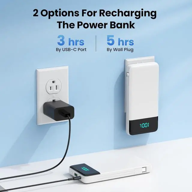 Alt view image 6 of 7 - Portable Charger for iPhone 13800mAh Slim Power Bank with Built-in Cables & AC Wall Plug All in One 4 Outputs USB C Fast Charging Battery Pack Travel Essential for iPhone 17/16/15/14 Android (White)