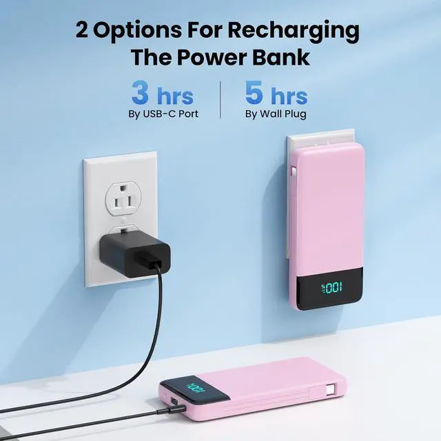 Alt view image 3 of 7 - Portable Charger for iPhone with Built in Cables and Wall Plug Upgraded 13800mAh Fast Charging USB C Power Bank 4 Outputs Travel Essential Battery Pack Compatible with iPhone 17/16/15/14 Galaxy-Pink