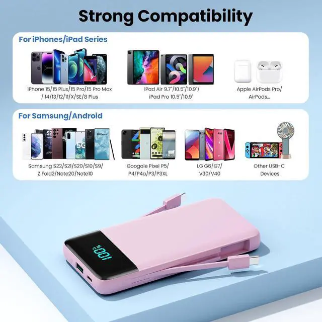 Alt view image 5 of 7 - Portable Charger for iPhone with Built in Cables and Wall Plug Upgraded 13800mAh Fast Charging USB C Power Bank 4 Outputs Travel Essential Battery Pack Compatible with iPhone 17/16/15/14 Galaxy-Pink