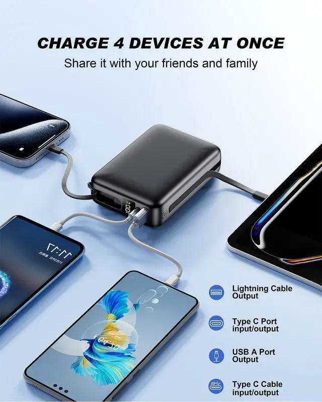 Alt view image 4 of 5 - Portable Charger 50000mAh PD22.5W Fast Charge Power Bank Built-in 2 Cables | Portable Phone Charger for iPhone/Android/ Galaxy Travel Essential (Black)