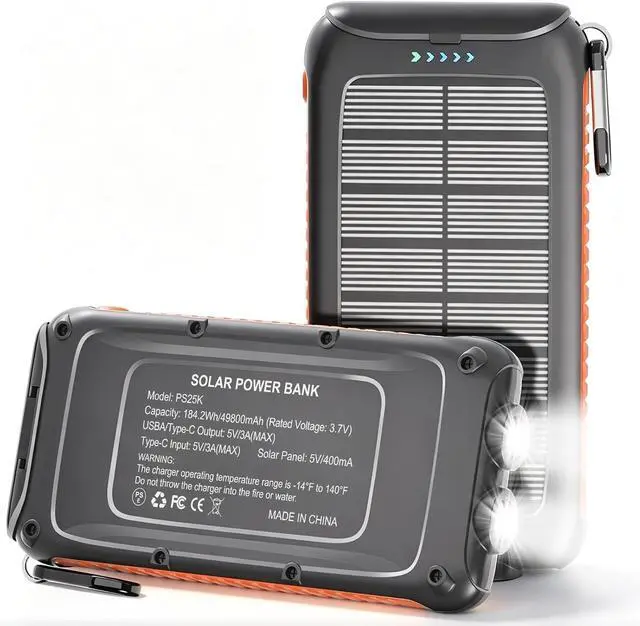 Main image of Solar Charger Power Bank 49800mAh Portable Solar Phone Charger with 2 USB-A & USB-C Ports 15W Fast Charging for iPhone and More Dual Flashlightfor Camping Travel & Emergency Backup
