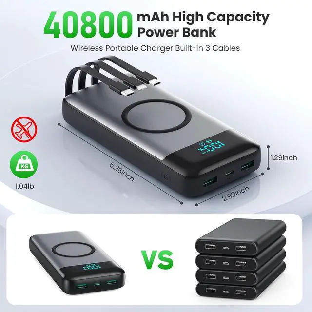 Alt view image 3 of 7 - Wireless Portable Charger 40800mAh with 3 Built-in Cables 7-in-1 15W Wireless Charging Power Bank 25W PD QC 4.0 Fast Charging USB C Travel Essentials Battery Pack for iPhone 17/16/15/14 Galaxy Android