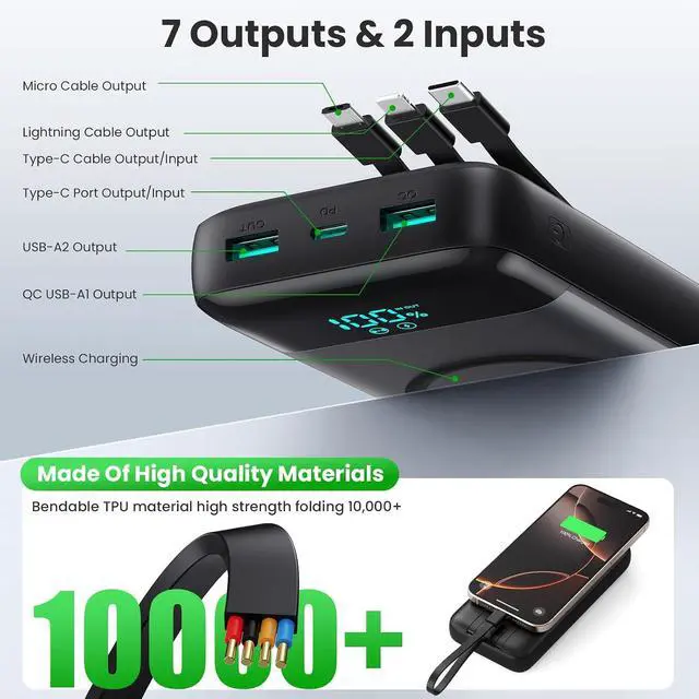 Alt view image 4 of 7 - Wireless Portable Charger 40800mAh with 3 Built-in Cables 7-in-1 15W Wireless Charging Power Bank 25W PD QC 4.0 Fast Charging USB C Travel Essentials Battery Pack for iPhone 17/16/15/14 Galaxy Android