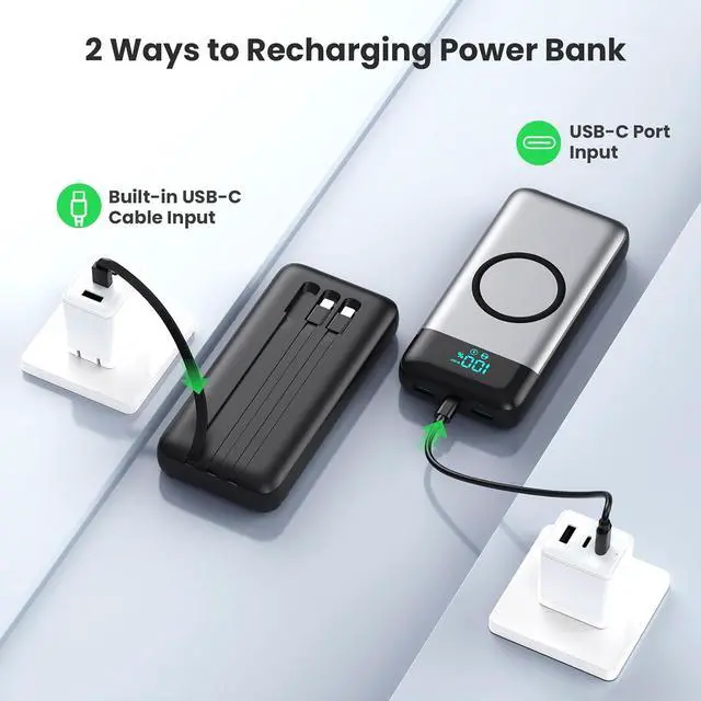 Alt view image 6 of 7 - Wireless Portable Charger 40800mAh with 3 Built-in Cables 7-in-1 15W Wireless Charging Power Bank 25W PD QC 4.0 Fast Charging USB C Travel Essentials Battery Pack for iPhone 17/16/15/14 Galaxy Android