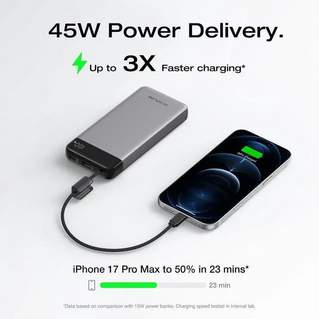 Alt view image 2 of 7 - Rapid 20000mAh Power Bank 45W Max Fast Charging Portable Phone Charger Built in USB C Cable and USB-C&A Port Digital Display Battery Bank for iPhone 17/16/15 Series S23 ipad 11