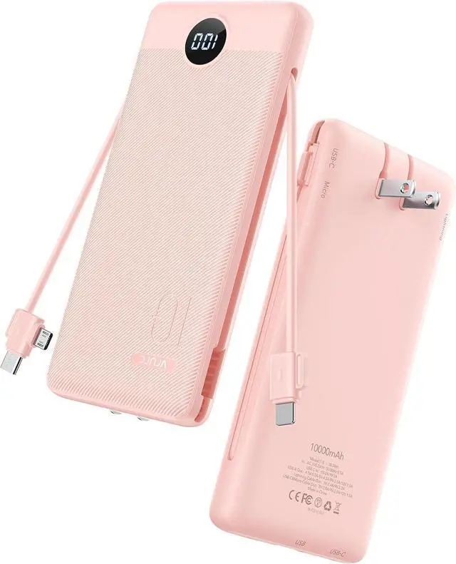 Main image of 22.5W Portable Charger 10000mAh Fast Charging with Built-in AC Plug | powe bank battery pack travel essentials for women USB C cable Ultra Slim pocket size Pink