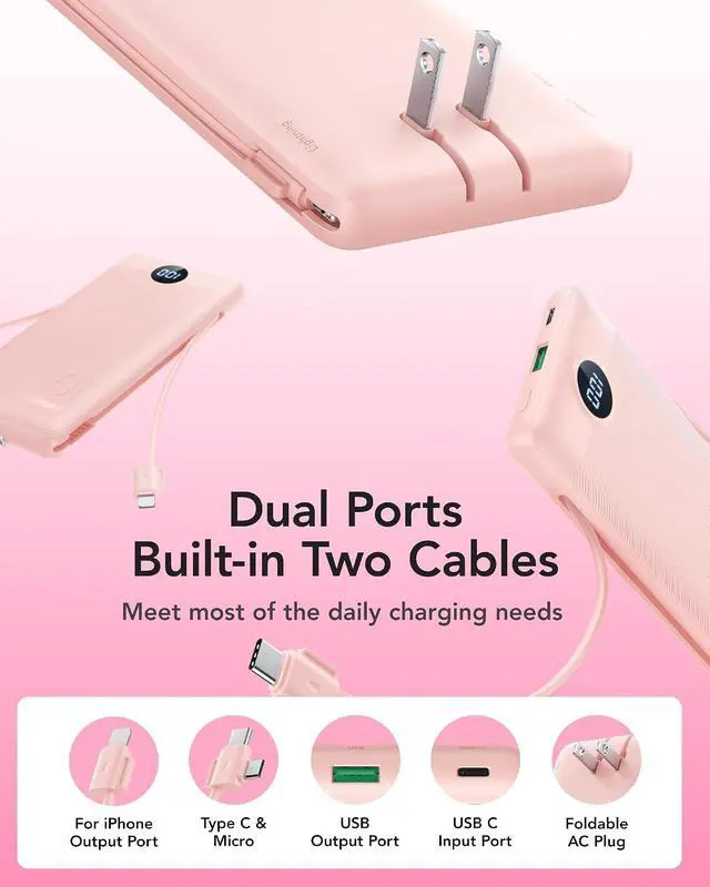 Alt view image 2 of 7 - 22.5W Portable Charger 10000mAh Fast Charging with Built-in AC Plug | powe bank battery pack travel essentials for women USB C cable Ultra Slim pocket size Pink