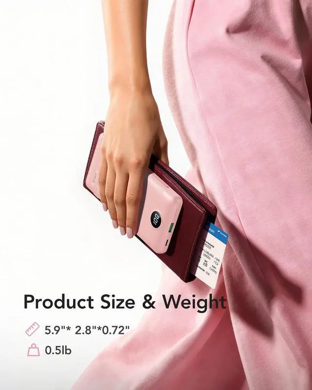 Alt view image 5 of 7 - 22.5W Portable Charger 10000mAh Fast Charging with Built-in AC Plug | powe bank battery pack travel essentials for women USB C cable Ultra Slim pocket size Pink