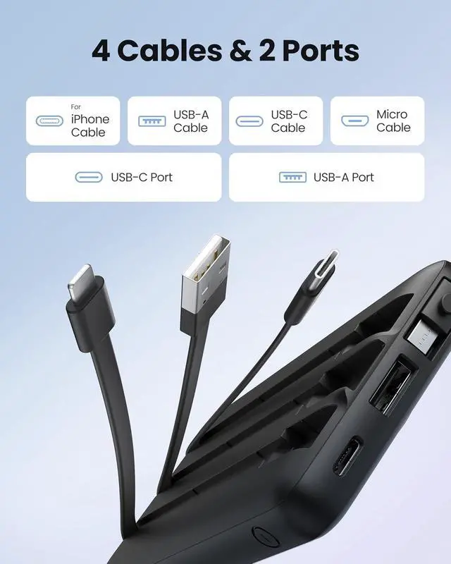 Alt view image 2 of 7 - Portable Charger with Built-in Cables Slim 10000mAh Power Bank with USB C Travel Essentials External Battery Pack 5 Outputs 2 Inputs LED Display Compatible with iPhone/Android & More(Black)