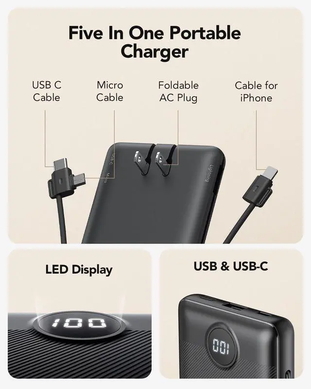 Alt view image 2 of 6 - Portable Charger Power Bank Built-in Cables and AC Wall Plug | USB C Portable Bank 10000mAh Travel Essentials Phone Charger Compact External Battery Pack for Smart Phones Tablets-Black