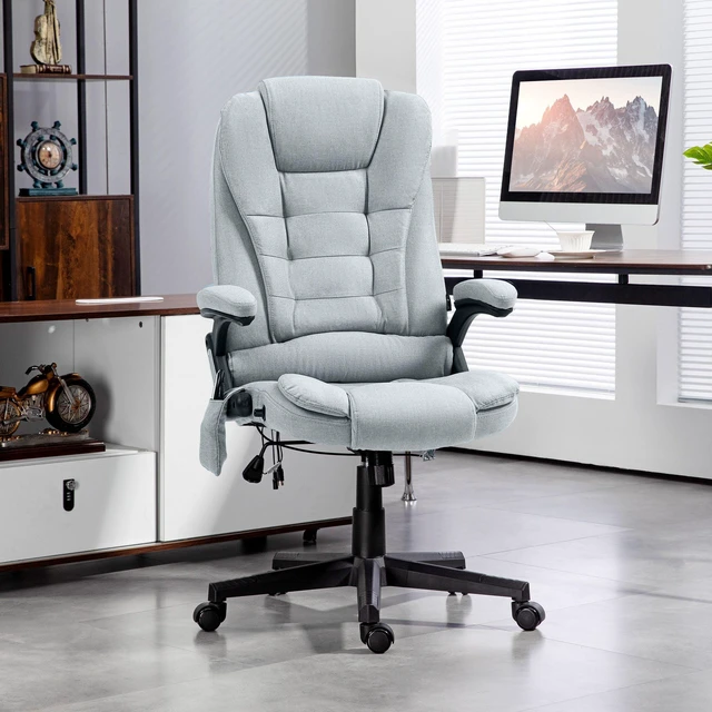 Alt view image 2 of 6 - 6 Point Vibrating Massage Office Chair with Heat, Linen High Back Massage Desk Chair with Reclining Backrest, Light Gray