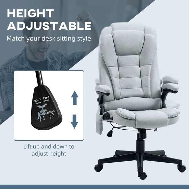 Alt view image 5 of 6 - 6 Point Vibrating Massage Office Chair with Heat, Linen High Back Massage Desk Chair with Reclining Backrest, Light Gray