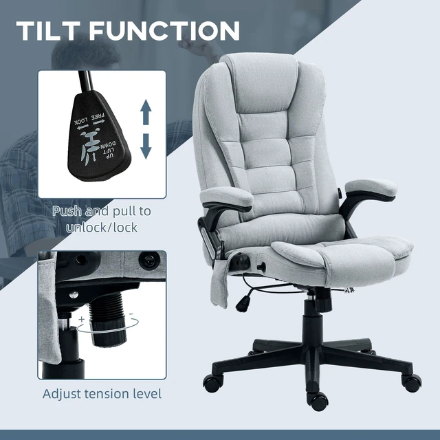 Alt view image 6 of 6 - 6 Point Vibrating Massage Office Chair with Heat, Linen High Back Massage Desk Chair with Reclining Backrest, Light Gray