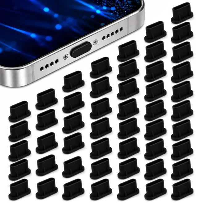 Main image of USB-C Dust Plugs 50 Pack with Cleaning Brush, Charging Port Covers, Black