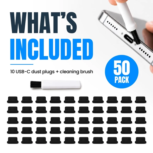 Alt view image 4 of 7 - USB-C Dust Plugs 50 Pack with Cleaning Brush, Charging Port Covers, Black