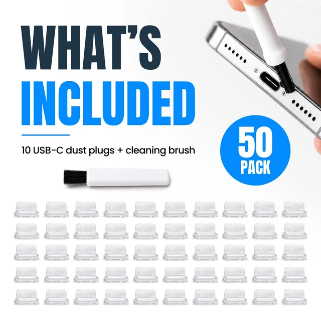 Alt view image 2 of 5 - USB-C Dust Plugs 50 Pack with Cleaning Brush, Charging Port Covers, Clear