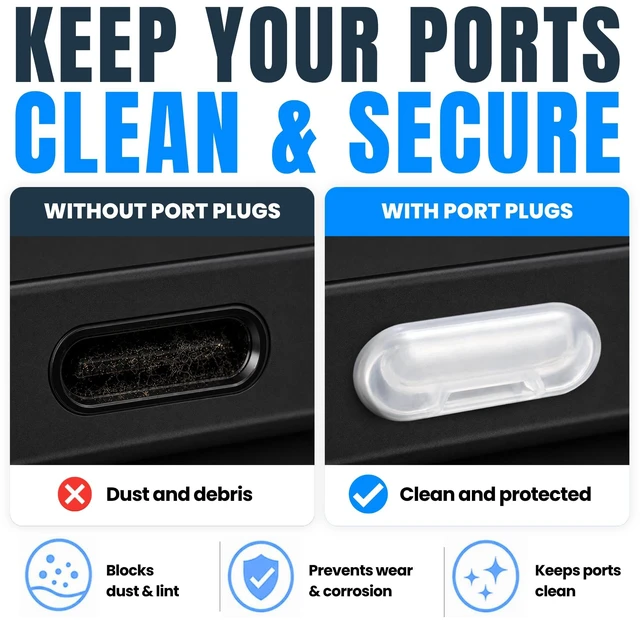 Main image of USB-C Dust Plugs 50 Pack with Cleaning Brush, Charging Port Covers, Clear