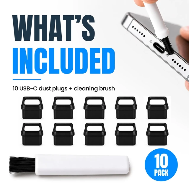Alt view image 2 of 7 - USB C Dust Plugs 10 Pack with Easy Grip Tabs and Cleaning Brush, Black