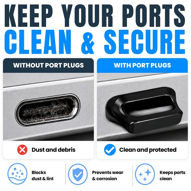 Alt view image 5 of 7 - USB C Dust Plugs 10 Pack with Easy Grip Tabs and Cleaning Brush, Black