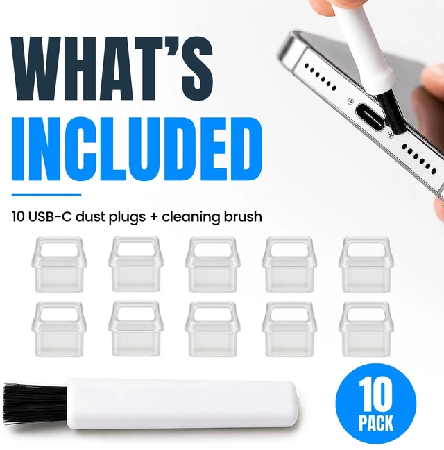Alt view image 2 of 7 - USB C Dust Plugs 10 Pack with Easy Grip Tabs and Cleaning Brush, Clear