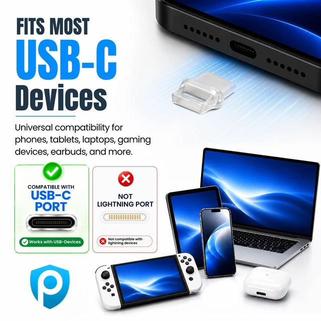 Main image of USB C Dust Plugs 10 Pack with Easy Grip Tabs and Cleaning Brush, Clear