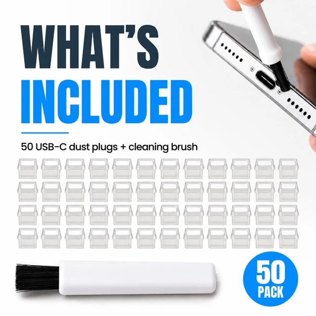 Alt view image 3 of 7 - USB-C Dust Plugs 50 Pack with Easy Grip Tabs and Cleaning Brush, Clear