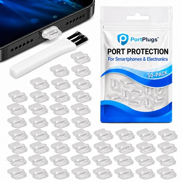 Alt view image 5 of 7 - USB-C Dust Plugs 50 Pack with Easy Grip Tabs and Cleaning Brush, Clear