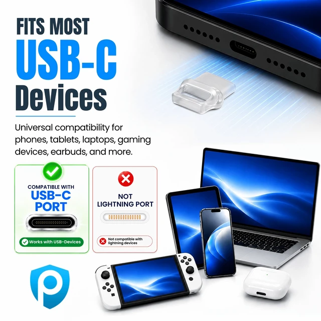 Alt view image 7 of 7 - USB-C Dust Plugs 50 Pack with Easy Grip Tabs and Cleaning Brush, Clear