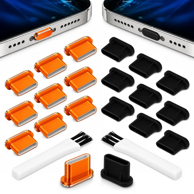 Alt view image 7 of 7 - USB C Dust Plugs 10 Pack, 5 Aluminum and 5 Silicone, Cleaning Brush, Orange