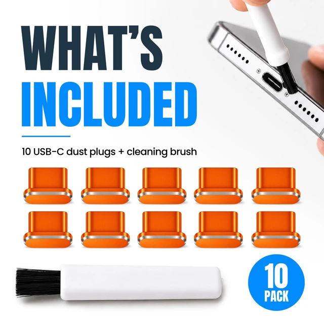 Alt view image 3 of 7 - USB C Dust Plugs 10 Pack, 5 Aluminum and 5 Silicone, Cleaning Brush, Orange