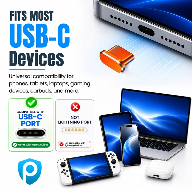 Alt view image 6 of 7 - USB C Dust Plugs 10 Pack, 5 Aluminum and 5 Silicone, Cleaning Brush, Orange
