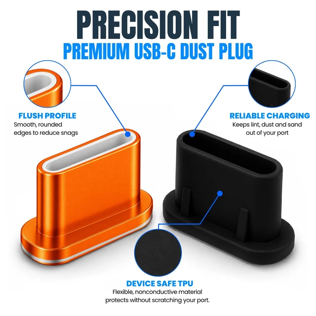 Alt view image 5 of 7 - USB C Dust Plugs 10 Pack, 5 Aluminum and 5 Silicone, Cleaning Brush, Orange