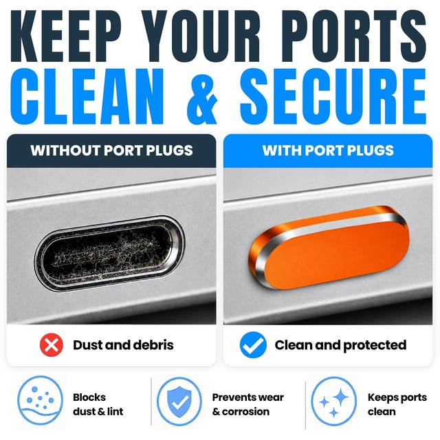 Alt view image 4 of 7 - USB C Dust Plugs 10 Pack, 5 Aluminum and 5 Silicone, Cleaning Brush, Orange