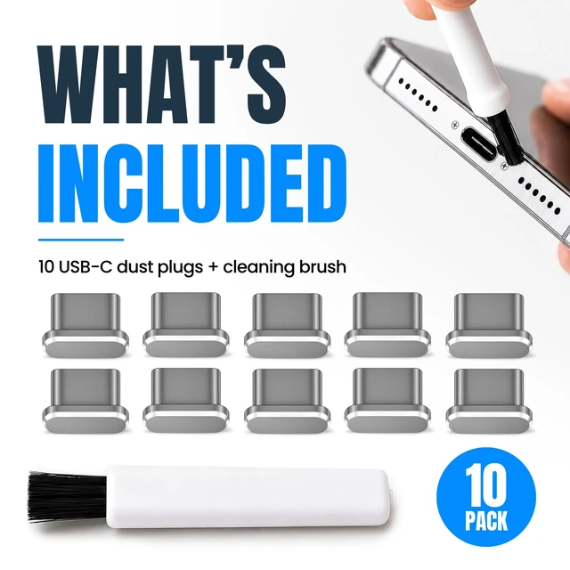 Alt view image 7 of 7 - USB C Dust Plugs 10 Pack, 5 Aluminum and 5 Silicone, Cleaning Brush, Silver