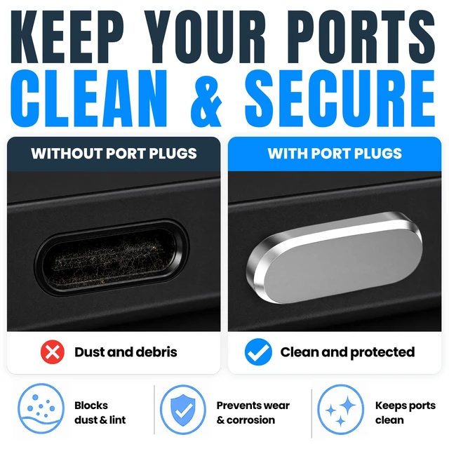 Alt view image 3 of 7 - USB C Dust Plugs 10 Pack, 5 Aluminum and 5 Silicone, Cleaning Brush, Silver