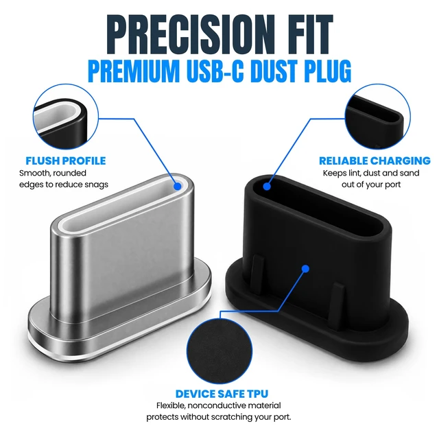 Alt view image 5 of 7 - USB C Dust Plugs 10 Pack, 5 Aluminum and 5 Silicone, Cleaning Brush, Silver