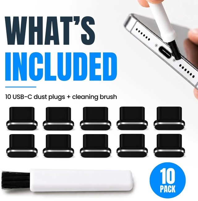 Main image of USB C Dust Plugs 10 Pack, 5 Aluminum and 5 Silicone, Cleaning Brush, Black