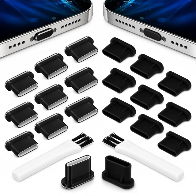 Alt view image 6 of 7 - USB C Dust Plugs 10 Pack, 5 Aluminum and 5 Silicone, Cleaning Brush, Black