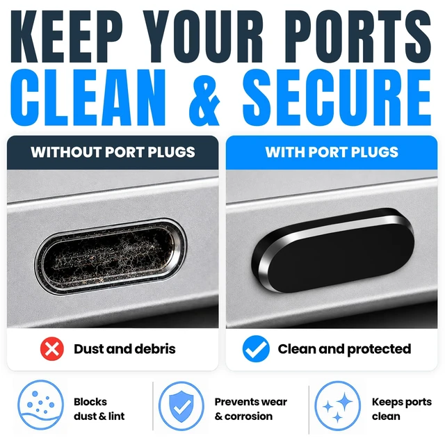 Alt view image 3 of 7 - USB C Dust Plugs 10 Pack, 5 Aluminum and 5 Silicone, Cleaning Brush, Black