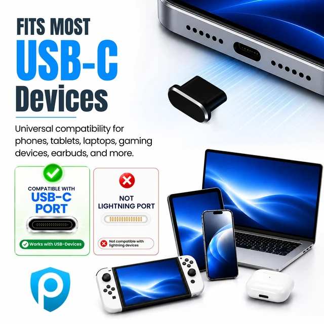 Alt view image 4 of 7 - USB C Dust Plugs 10 Pack, 5 Aluminum and 5 Silicone, Cleaning Brush, Black