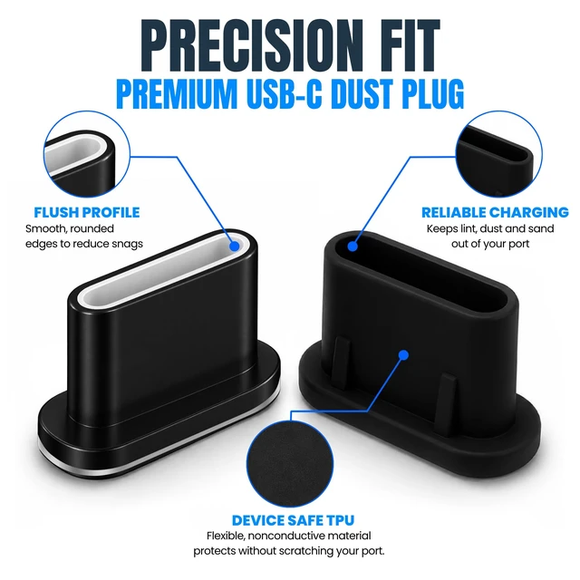 Alt view image 2 of 7 - USB C Dust Plugs 10 Pack, 5 Aluminum and 5 Silicone, Cleaning Brush, Black