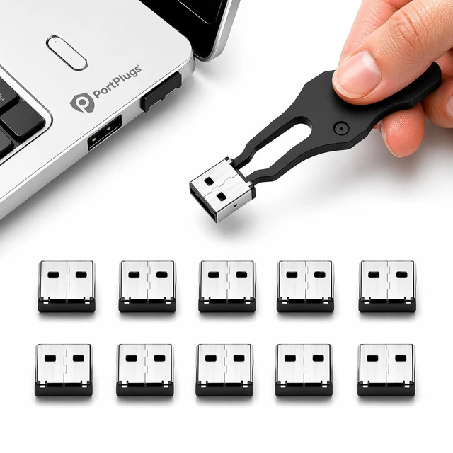 Alt view image 3 of 7 - USB A Port Blockers 10 Pack, Two Point Zinc Alloy Locks, 1 Key, Black