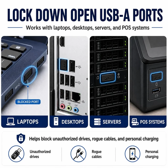 Alt view image 6 of 7 - USB A Port Blockers 10 Pack, Two Point Zinc Alloy Locks, 1 Key, Black