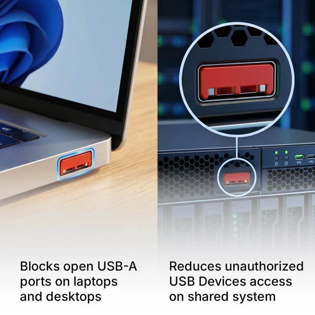 Alt view image 5 of 7 - USB A Port Blockers 10 Pack, Two Point Zinc Alloy Locks, 1 Key, Red